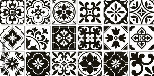 Interior spanish tiles, kitchen mosaic portuguese motifs. Black decoration tilings, mediterranean mexican floral interior racy vector elements photo