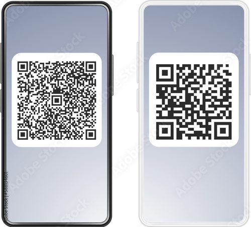 Smartphones template with qr on screen. Phone white and black, bar code for payment on self identification. Dataset, codes for entry vector concept