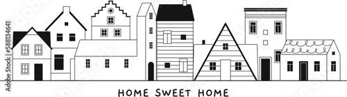 Tiny village houses banner, sweet home concept. Lined apartment house and church, street small city vector graphic design