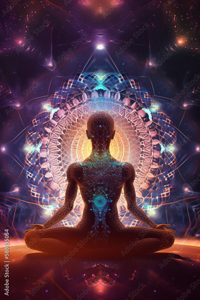 Concept of meditation and spiritual practice, expanding of consciousness, chakras and astral body activation, mystical inspiration image, generative ai Concept of meditation and spiritual practice, expanding of consciousness, chakras and astral body activation, mystical inspiration image, generative ai
