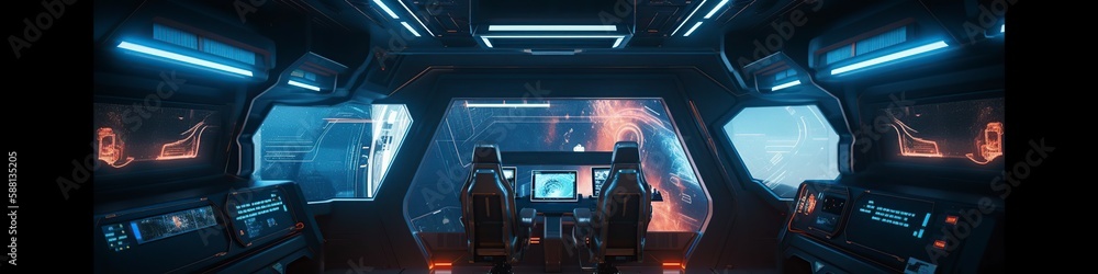 illustration, dark spaceship interior with bright blue and red light, website header, ai generative illustration, dark spaceship interior with bright blue and red light, website header, ai generative