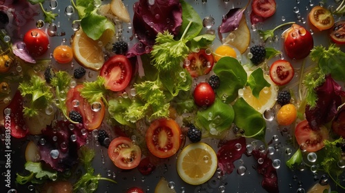 Salad Mix vegetables and salad leaves with drops of water on a black background