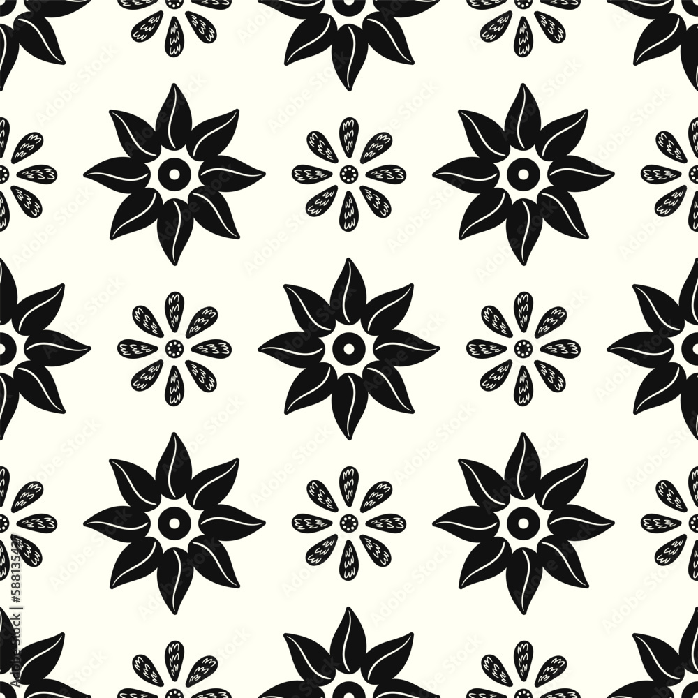 Fototapeta premium vector black floral rotation and leaves seamless pattern on black