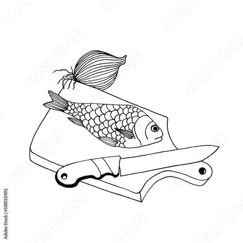 Whole fish on a chopping board next to a knife and onion. Vector illustration in the style of doodles.