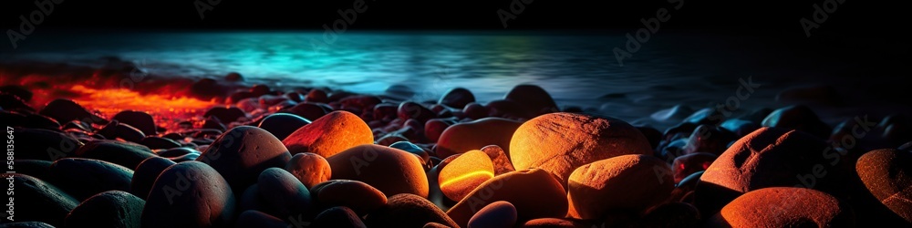 Obraz premium illustration, colored luminescent stones on the beach, website headers, ai generative