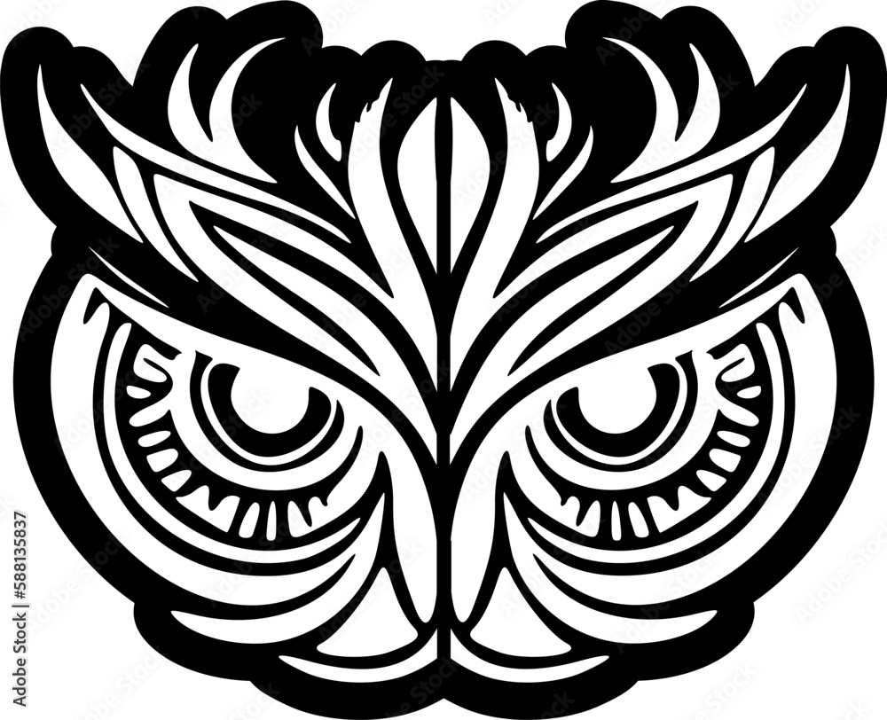 ﻿A black and white owl face tattoo with Polynesian symbols.