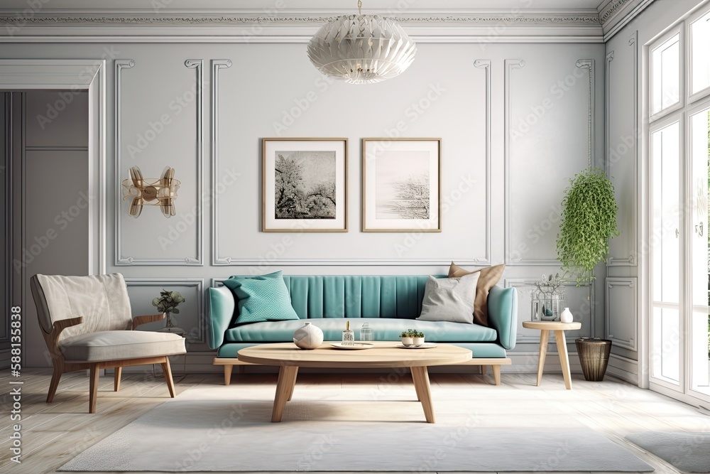 Fototapeta premium cozy living room with a large window and comfortable furniture. Generative AI