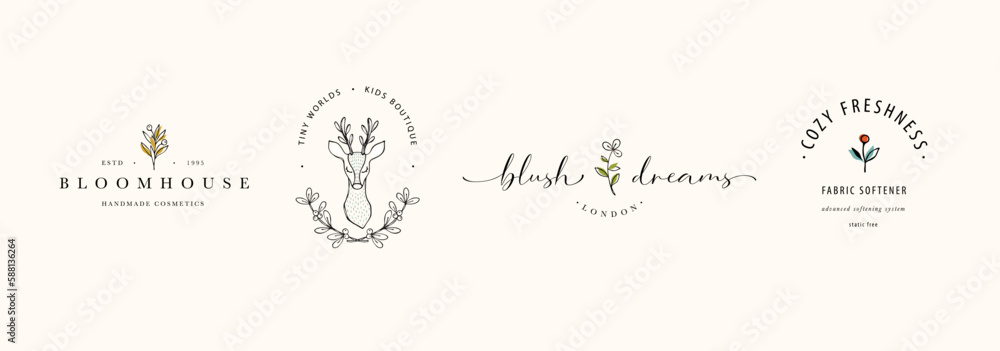 Floral logos with organic plant elements. Elegant monogram, boho hand ...
