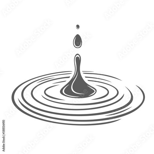 Falling drop on water surface glyph icon vector illustration. Stamp of waterdrop or tear drip flowing on top, clear water droplets fall with ring of ripples and bubbles, splash and spray motion
