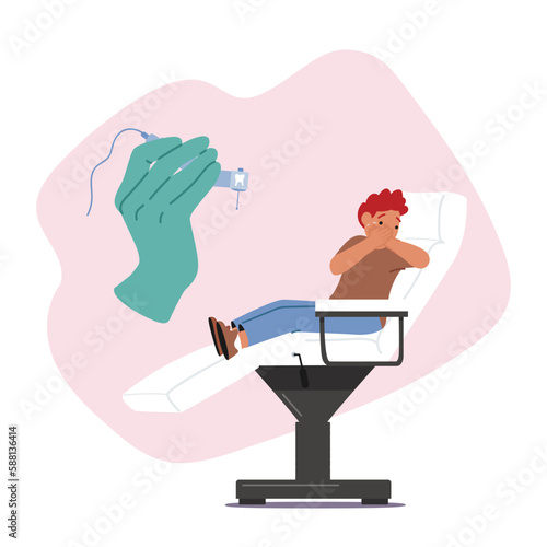 Little Boy Character Feel Fear Of The Injection and Crying At The Dentist Cabinet. Common Childhood Fear Concept