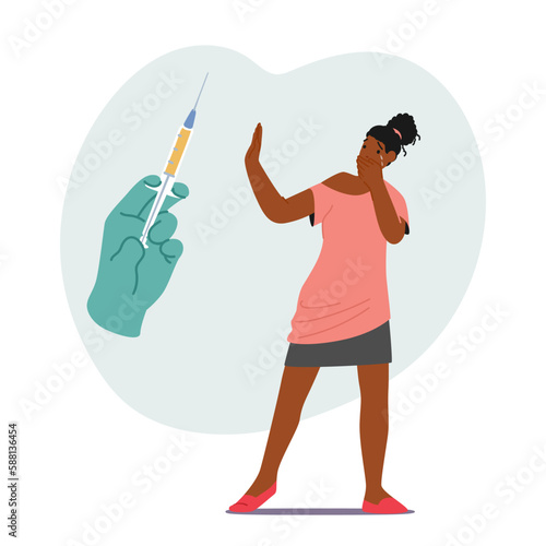 Woman Character Displaying Fear And Apprehension At The Sight Of A Needle. Cartoon People Vector Illustration