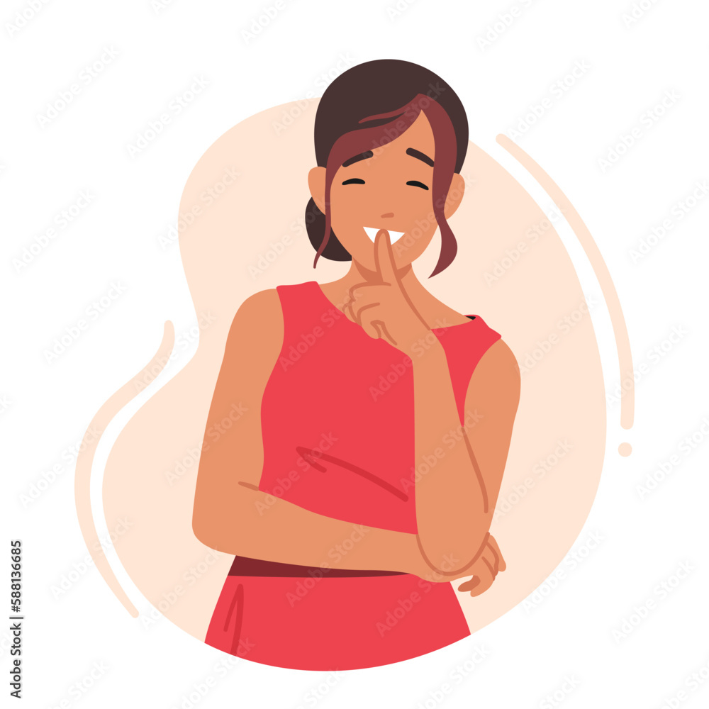 Female Character Displaying Gesture Of Silence By Pressing A Finger Against her Lips, Conveying A Message Of Secrecy Female Character Displaying Gesture Of Silence By Pressing A Finger Against her Lips, Conveying A Message Of Secrecy