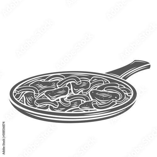 Beef fajita glyph icon vector illustration. Stamp of grilled meat, peppers and onions on hot iron skillet, spicy fajita of Mexican traditional cuisine and fried meal of restaurant menu in Mexico