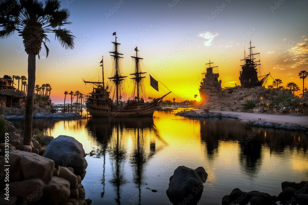Naklejka premium sunset over the pirate harbor