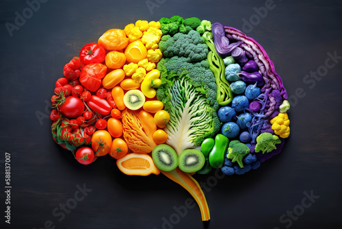 Human brain made of variety of colorful vegetables, concept of vegetarian, vegan, healthy nutrition - Ai Generative