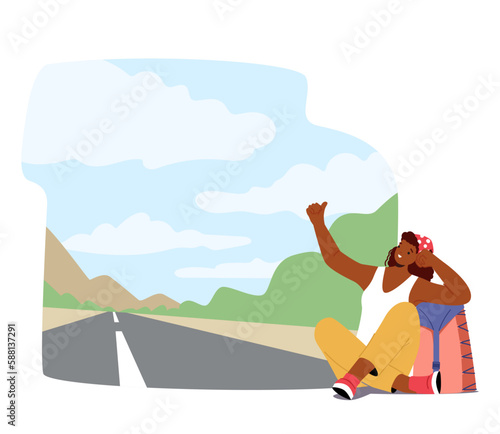 Traveler Woman With Backpack Sitting On The Side Of The Road With Thumb Out, Hoping To Catch A Ride To Next Destination