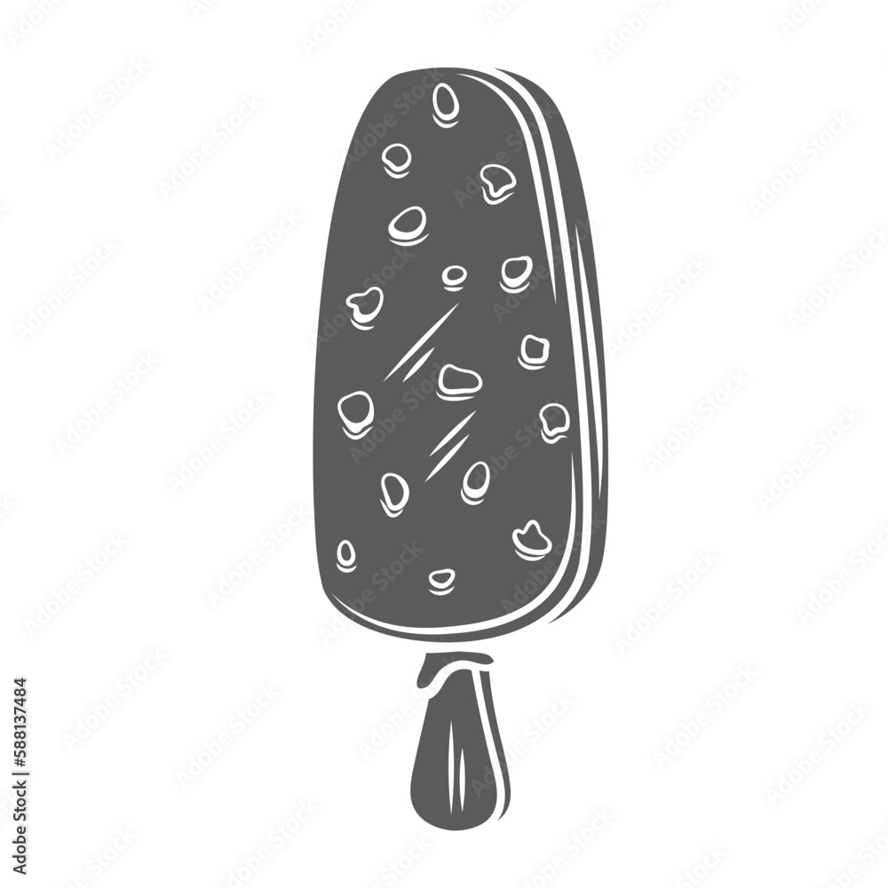Ice cream on stick glyph icon vector illustration. Stamp of ice cream bar covered with chocolate glaze layer and crunchy nuts, whole vanilla popsicle or eskimo summer sweet snack for children Ice cream on stick glyph icon vector illustration. Stamp of ice cream bar covered with chocolate glaze layer and crunchy nuts, whole vanilla popsicle or eskimo summer sweet snack for children