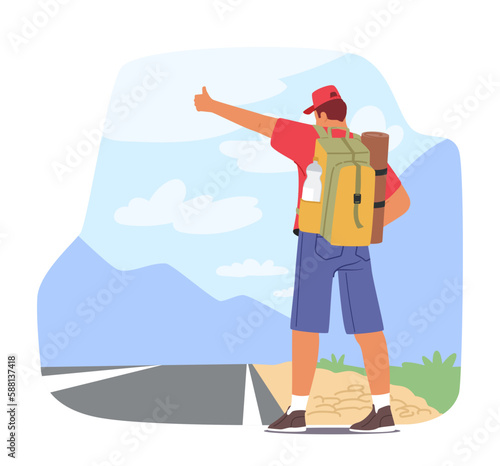 Backpack-wearing Hitchhiker Waiting On Roadside With A Thumb Up, Character Seeking A Ride To The Next Destination