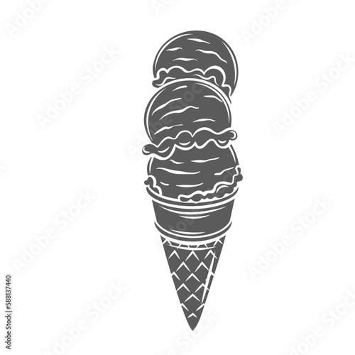 Ice cream balls in waffle cone glyph icon vector illustration. Stamp of vanilla sundae round pieces from scoop on wafer cup, serve with three balls tower of soft sweet refreshing gelato in cone