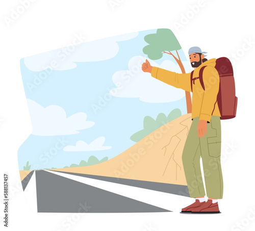 Lone Traveler Male Character Stands By The Roadside, Thumb Extended, Hoping To Catch A Ride To The Next Adventure