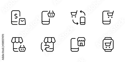 Mobile e-commerce shopping icons set. Online shopping icons set and payment elements. Vector illustration. Flat vector icon for apps, ui and websites.