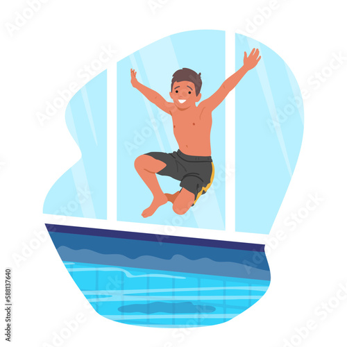 Youngster Character Jump into Crystal-clear Pool Water. Playful Kid Joyfully Playing, Child Enjoying Dip In The Pool