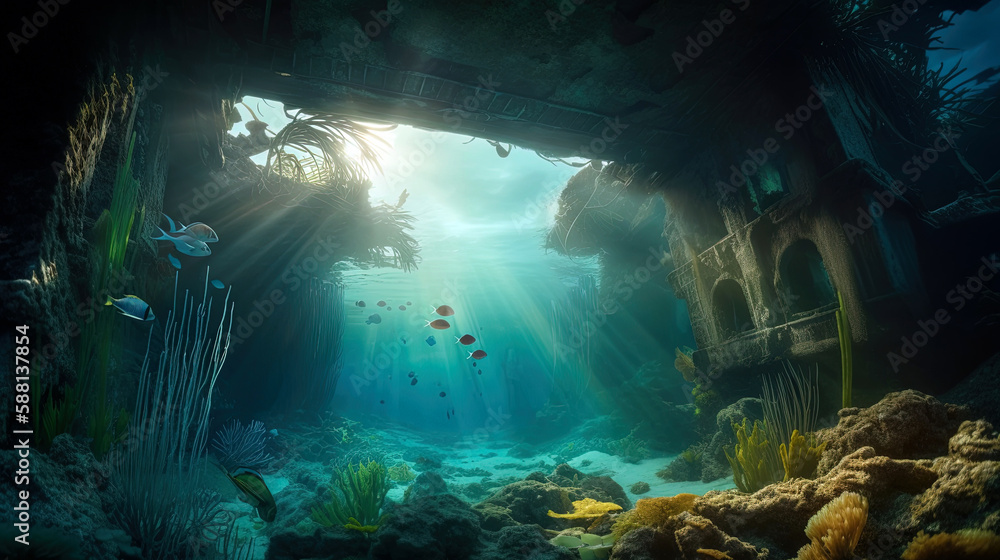 Sunken Architectures and Fish in Beautiful Underwater Landscape, generative ai