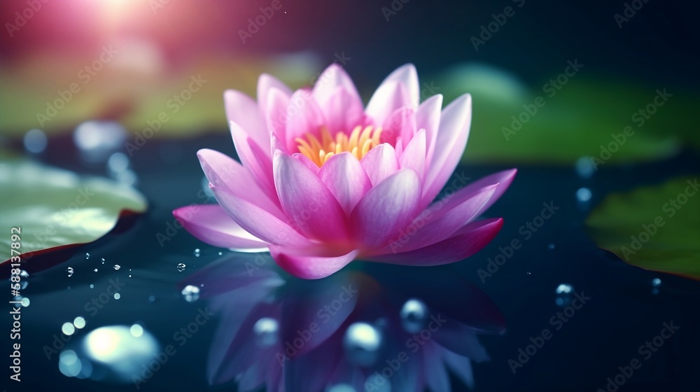 Magic Lotus Flower On Water - Miracle Concept - Waterlilies In Defocused Background. Generative AI