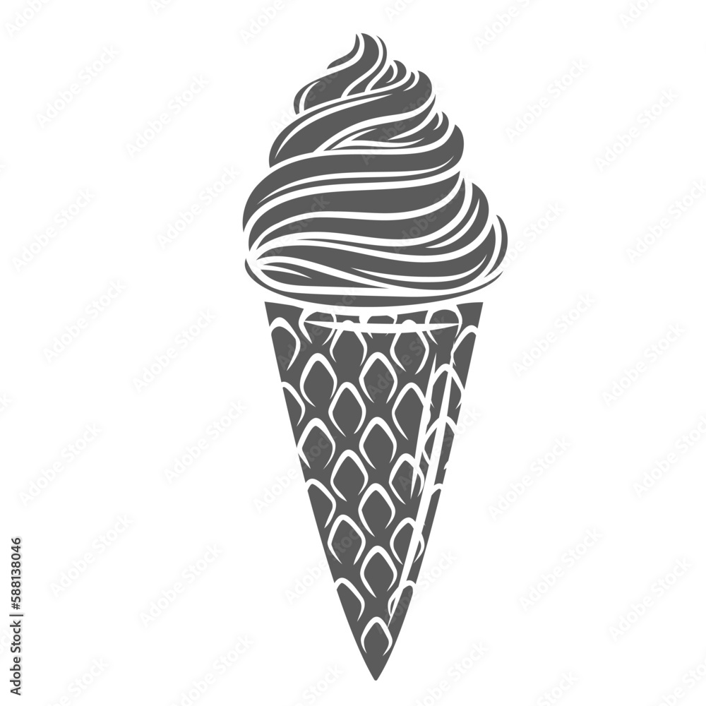 Ice cream in waffle cup glyph icon vector illustration. Stamp of soft vanilla sundae twirl in crispy wafer cone, serve of whipped cream swirls for summer refreshment, creamy whipped dessert for kids Ice cream in waffle cup glyph icon vector illustration. Stamp of soft vanilla sundae twirl in crispy wafer cone, serve of whipped cream swirls for summer refreshment, creamy whipped dessert for kids