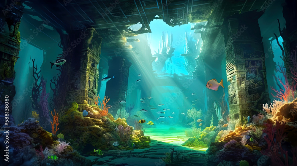 Vibrant Underwater Scene with Fish, Sunrays, and Destroyed Architecture, generative ai