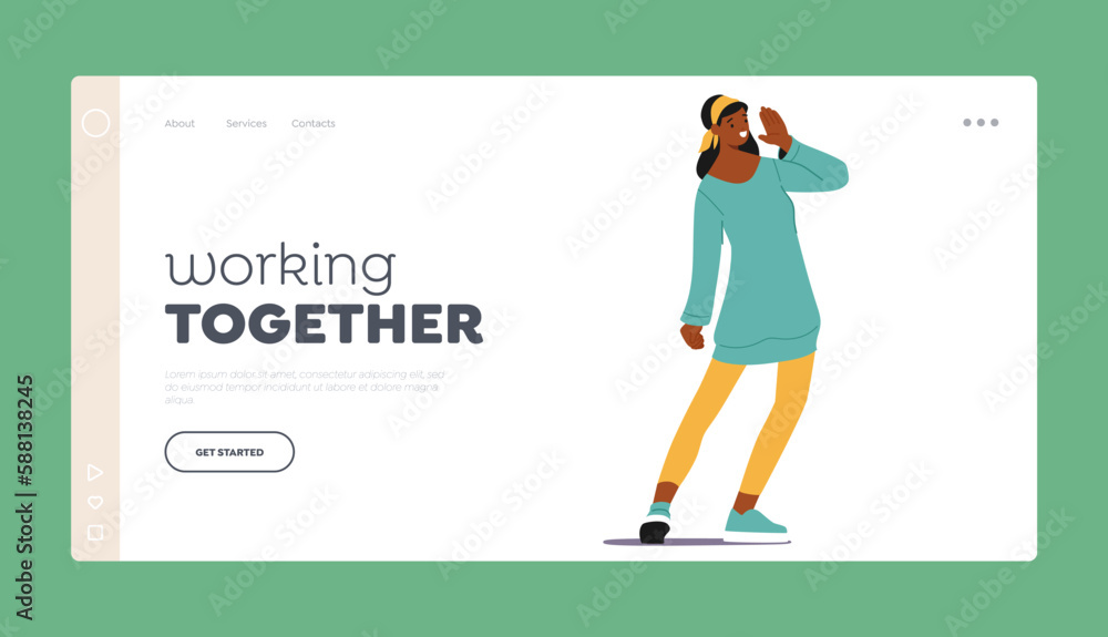 Working Together Landing Page Template. Happy Black Female Character Show Show Positive Gesture, Satisfied Woman