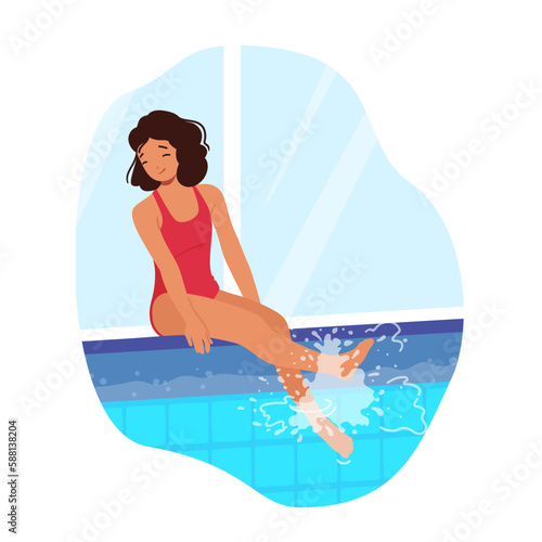 Young Smiling Girl Sitting On The Edge Of A Sparkling Pool, Ready To Dive In. Child Character Splashing