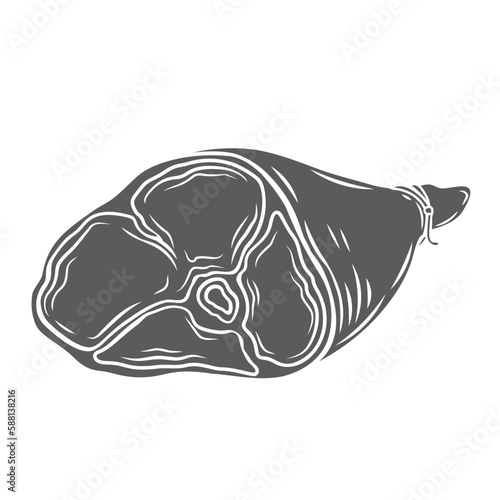Whole pork leg glyph icon vector illustration. Stamp of Iberian jamon, fresh meat of pig with bone in portion for cooking ham, barbecue grill, butchery, fresh pork for farm market and restaurant menu