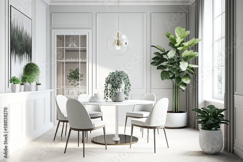 Fresh and Modern Luxury: Contemporary Interior Design with White Walls, Furniture, and Abundant Houseplants. Generative AI