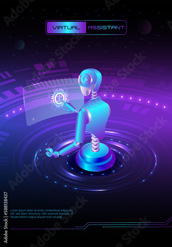 AI technology poster with robot character. The robot is a virtual assistant. Artificial intelligence chatbot. Chatbot illustration for banner, poster, website, landing page, ads, flyer template.