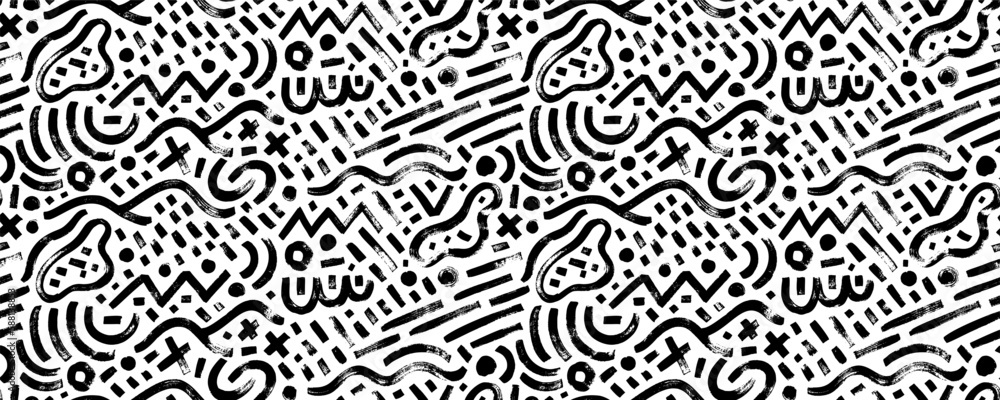 Geometric doodle seamless pattern with different brush strokes. Hand drawn contemporary geometric background. Chaotic ink brush scribbles decorative texture. curved lines, dots and crosses.  - obrazy, fototapety, plakaty 
