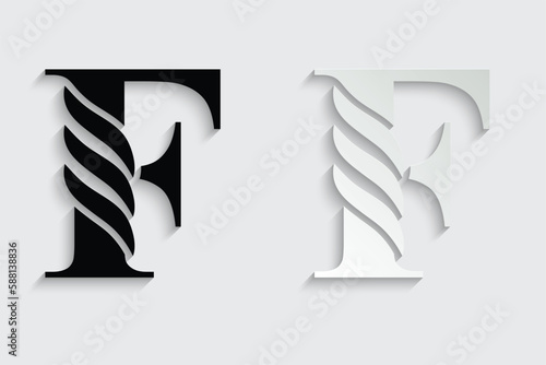 letter F. Black flower alphabet. Beautiful capital letters with shadow