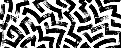 Maze lines vector seamless pattern. Hand drawn bold brush strokes in labyrinth motif. Abstract geometric background with thick lines. Maze vector texture. Grunge curved bold smears with corners.