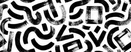 Geometric seamless pattern with curved bold lines. Squares, stripes and curly lines. Hand drawn modern geometric shapes pattern. Chaotic ink brush scribbles decorative texture. Vector ink ornament.