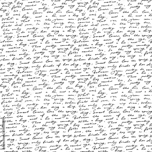 Black handwritten text seamless pattern. Poetry ornament with cursive calligraphy. Vector manuscript with unreadable text. Hand writing words with pen. Abstract typography pattern. 