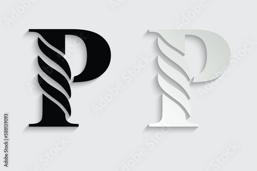 letter P. Black flower alphabet. Beautiful capital letters with shadow