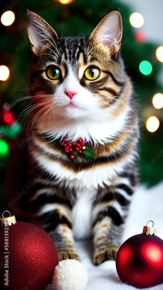 Christmas cat. Adorable young cat on a blurred christmas tree background. Love to pets, Merry Christmas concept.Selective focus. Christmas cat. Adorable young cat on a blurred christmas tree background. Love to pets, Merry Christmas concept.Selective focus.