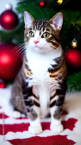 Christmas cat. Beautiful young  kitty on a blurred christmas tree background. Love to pets, Merry Christmas concept.
