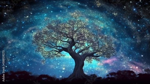 Majestic Tree on Dark Galactic Sky with Blue Cosmic Clouds  generative ai