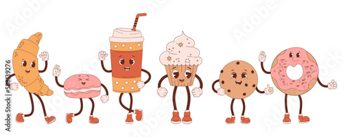 Retro characters confectionery and coffee to go. Cute cartoon sweet croissant, cupcake, donut, chocolate chip cookies and macaron. Vector illustration. Isolated collection desserts in nostalgic style.