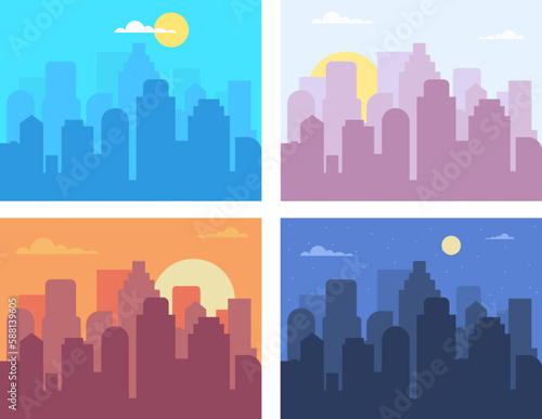 Different time cityscape. City view landscape in morning day afternoon evening nighttime, night long skyline of urban construction international times, splendid vector illustration