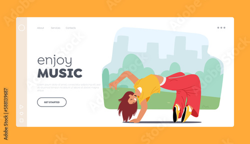 Enjoy Music Landing Page Template. Street Dancer Girl Character Performing Breakdance Move, Showcasing Flexibility