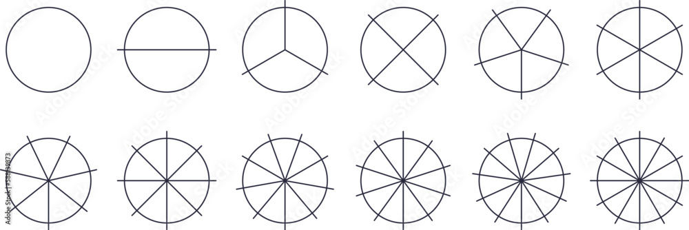 Circle fractions. Infographic of range division on 12 parts or sector, math graph round thirds for pie divide slice portion pizza whole cut parts, ratio icons vector illustration Circle fractions. Infographic of range division on 12 parts or sector, math graph round thirds for pie divide slice portion pizza whole cut parts, ratio icons vector illustration