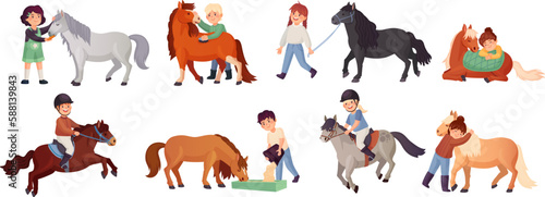 Kids care horses. Little equestrians riding on ponies, child grooming feed small horse, kid cavalier hug pony, cartoon horseman in equine farm ranch, ingenious vector illustration