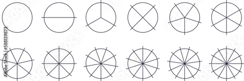 Circle fractions. Infographic of range division on 12 parts or sector, math graph round thirds for pie divide slice portion pizza whole cut parts, ratio icons vector illustration